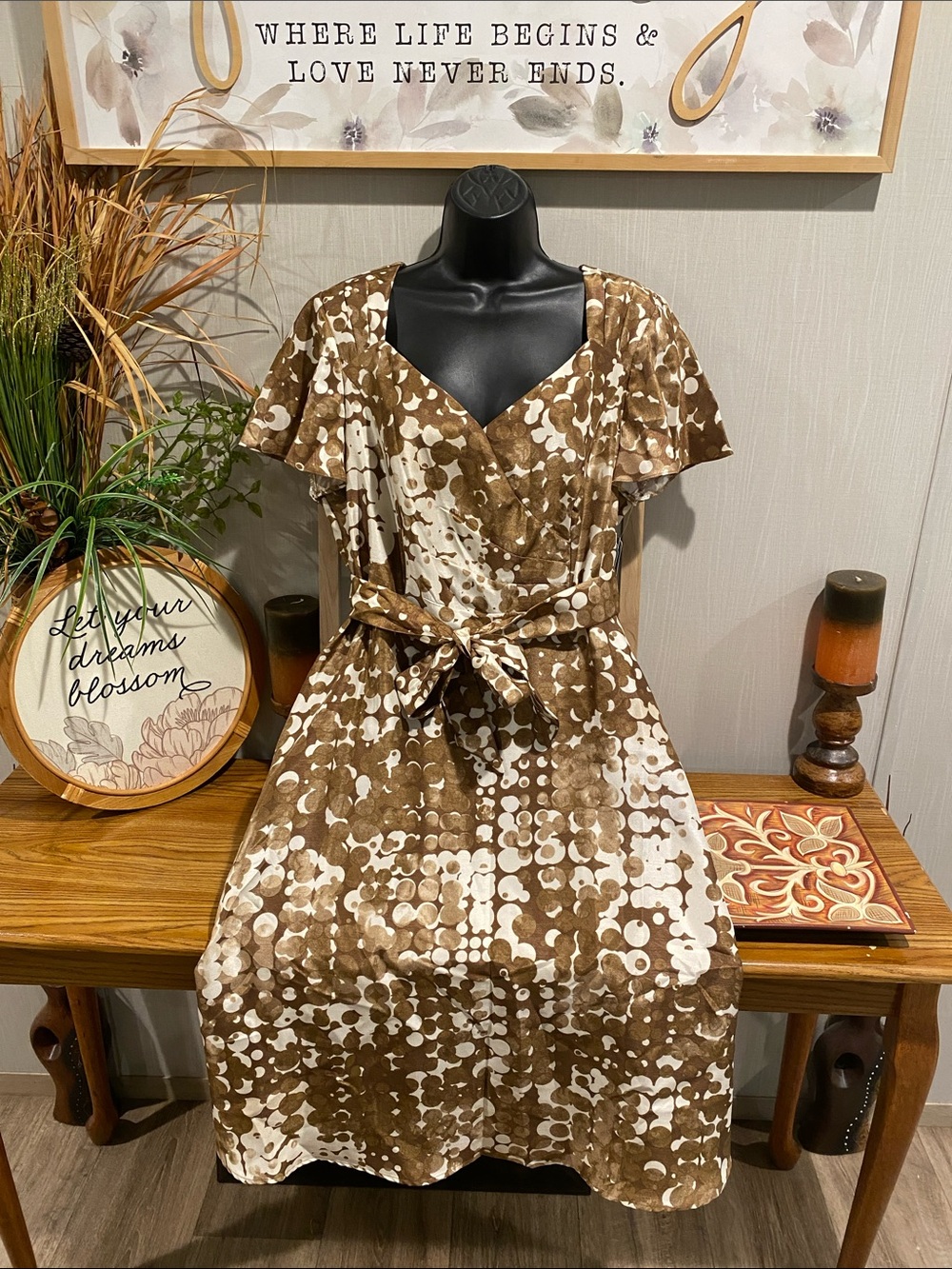 Dana Kay Brown and White Abstract Print Wrap Dress